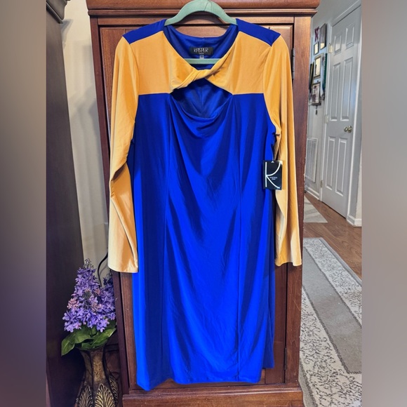 NWT Kasper Blue and Gold Long Sleeve Sheath Dress size XL - Picture 1 of 8